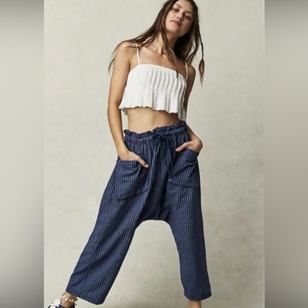 S Free People Runyon Oversize Stripe Pant Harem Blue Drawstring drop crotch